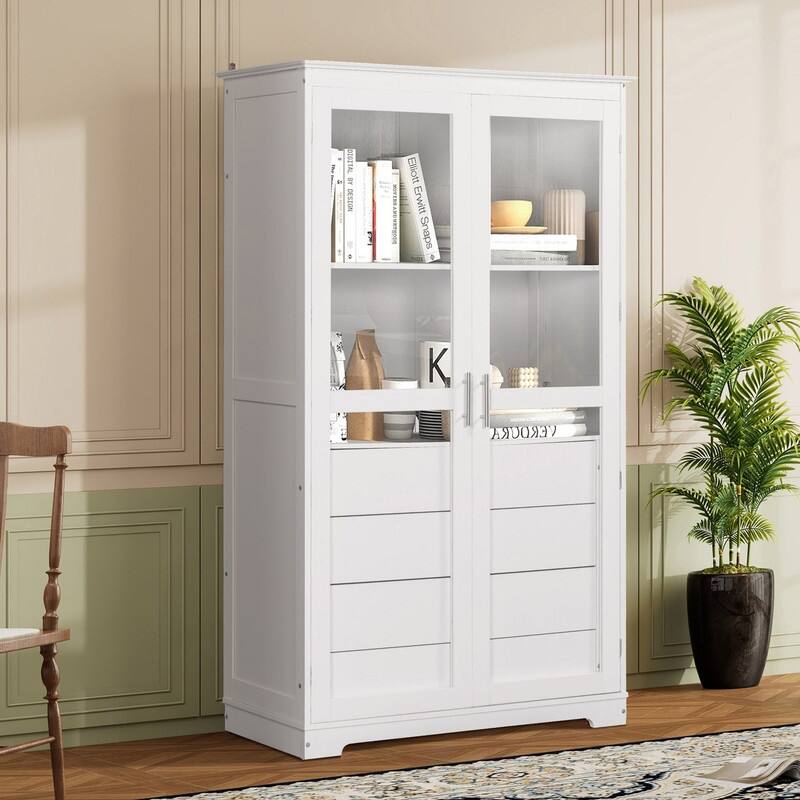 75" Tall Pine Wood Kitchen Pantry Cabinet with Glass Doors Four Drawers and Anti-Tipping Safety Features