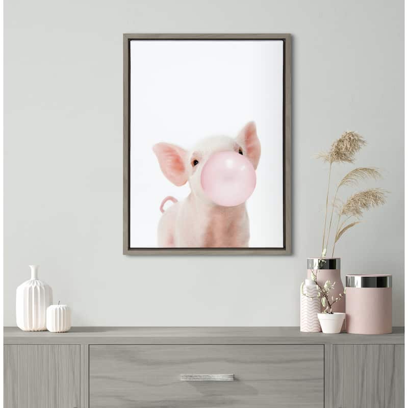 Kate and Laurel Sylvie Bubble Gum Piglet Framed Canvas by Amy Peterson