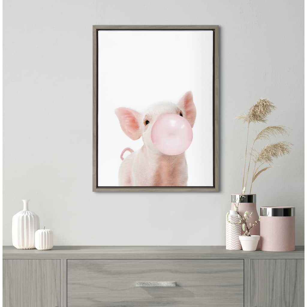 Kate and Laurel Sylvie Bubble Gum Piglet Framed Canvas by Amy Peterson