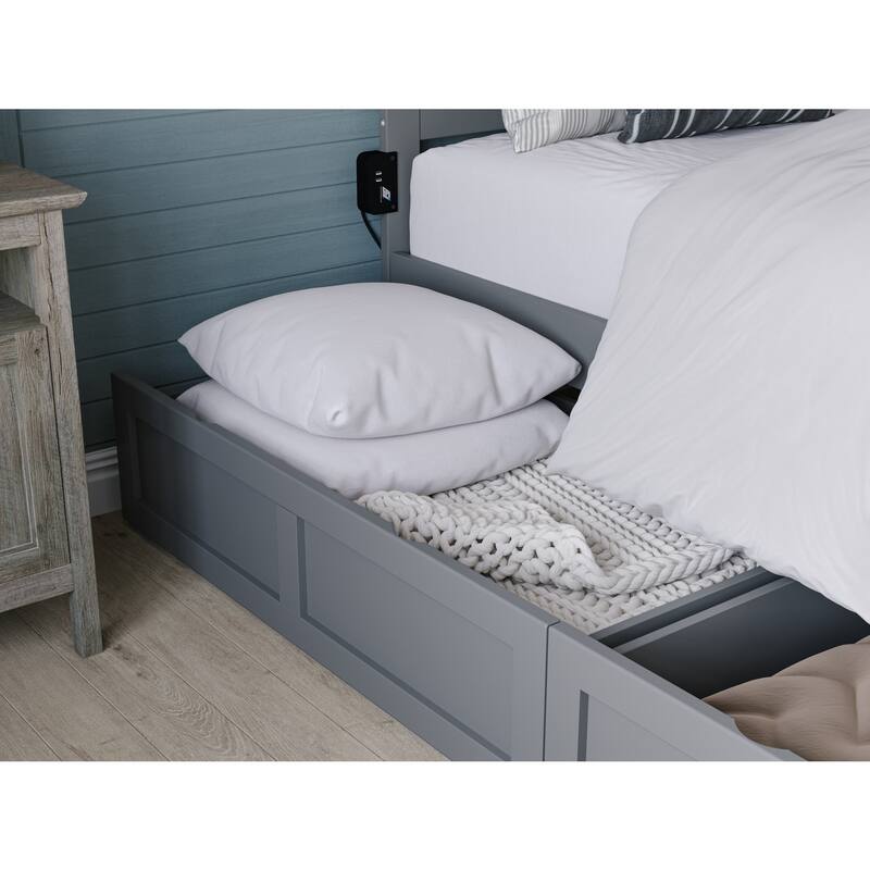 Vintage Platform Bed with Drawers, Queen Size Bed Frame, Grey Finish, Modern Style Bedroom Furniture
