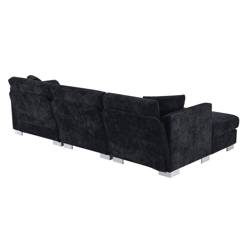 L-Shaped Sectional Sofa with Chaise Lounge, Oversized Chenille Upholstered Sofa, 4 Seater Sofa with 2 Throw Pillows