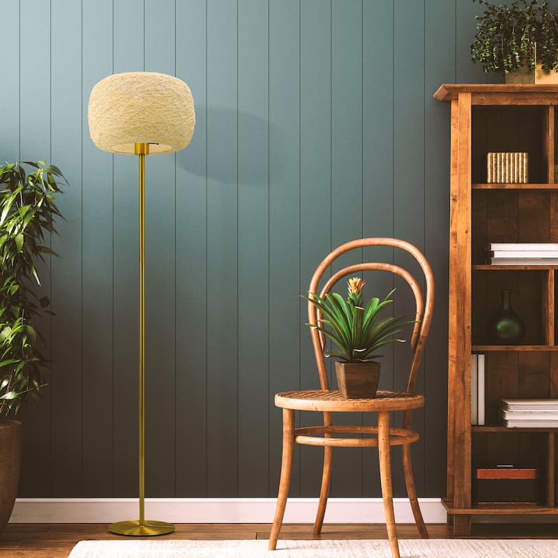 Brightech Rowan 66 in. Antique Brass Mid-Century Modern LED Super Bright Floor Lamp with Beige Twine Drum Shade