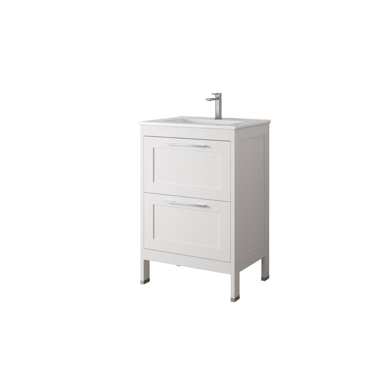 HomeRoots 24" White Wood Freestanding Bathroom Vanity With White Sink And Two Drawers - 24.00 in. x 35.06 in. x 17.75 in.