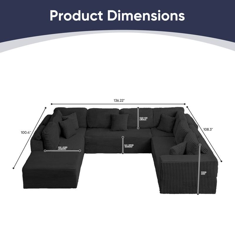 Mixoy 136"U-Shaped Modular Corduroy Sectional Sofa,7-Seater Deep Seats Sofa with Movable Ottoman - U-Shaped