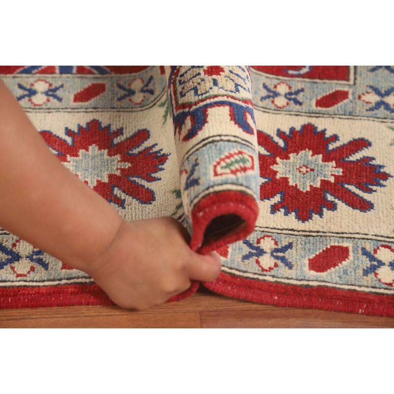 Red Geometric Kazak Area Rug Hand-Knotted Wool Carpet - 6'9" x 9'8"