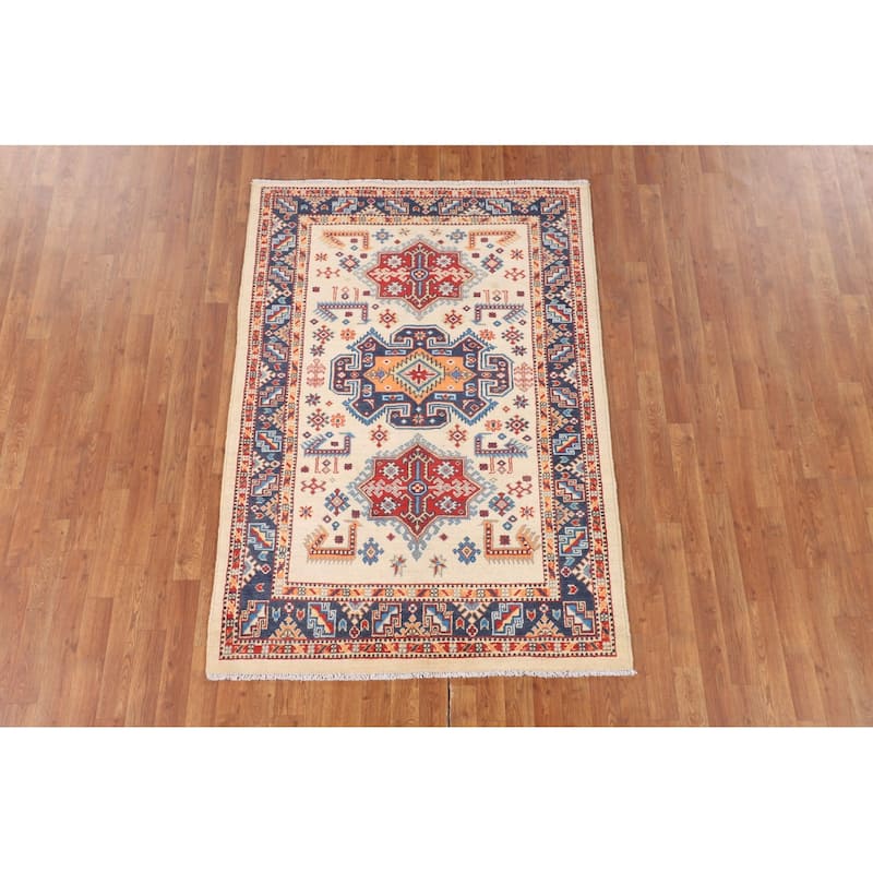 Beige / Ivory Geometric Kazak Oriental Rug Hand-Knotted Wool Carpet - 4'2" x 5'11"