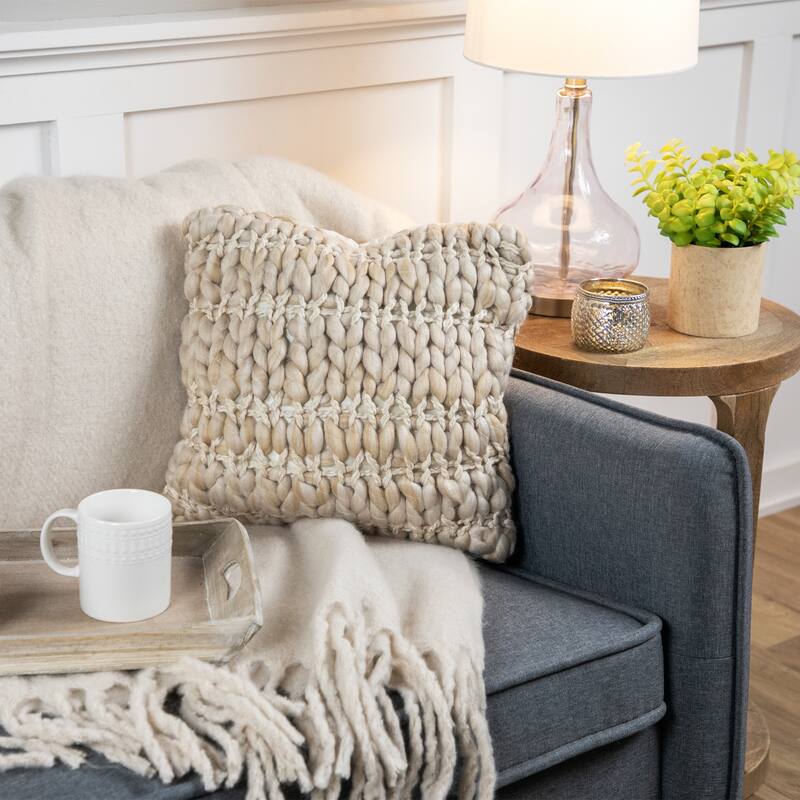 16" Khaki Jumbo Knit Square Throw Pillow with Velvet Back