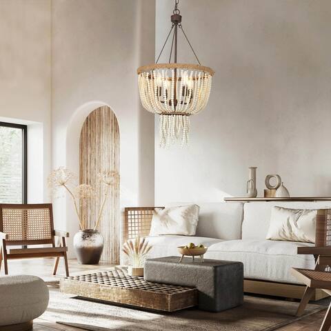 Renia Farmhouse Rustic Coastal 4-light Distressed Wood Beads Chandelier Basket Adjustable Pendant Lamp - 17 in