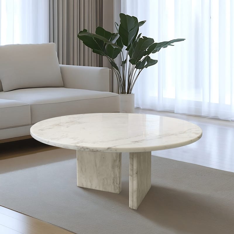 Premium Luxury Solid-Cut Natural Marble Round Coffee Table, Natural, Glossy - White