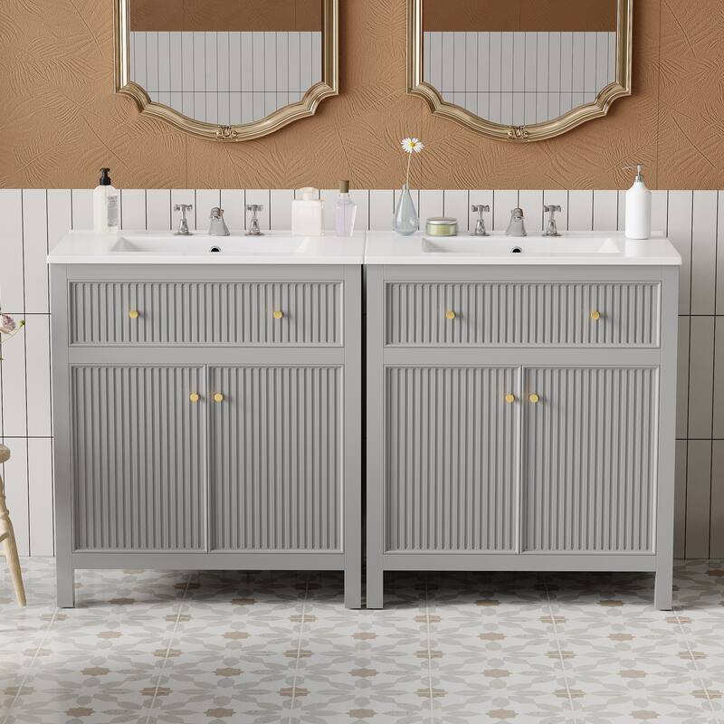 60'' Bathroom Vanity With Ceramic Sink, Free Standing Single Vanity Set With Soft Closing Doors - Gray