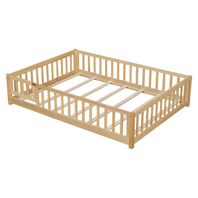 Floor Bed with Fence,Door and Safety Guardrails,Perfect for Kids' Play,Sleep and Development