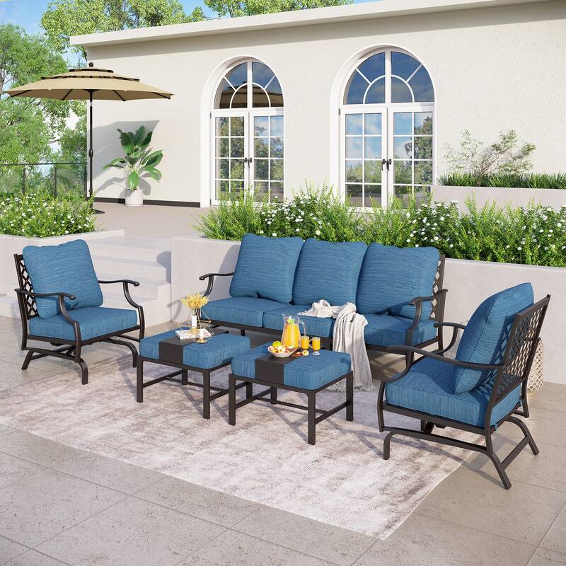 MAISON ARTS 4/5-Piece Patio Conversation Sets, Sofa Set with 2 xSingle Sofa Chairs, 1 x 3-seater Sofa and Coffee Table/Ottomans - Set 6 - Peacock Blue