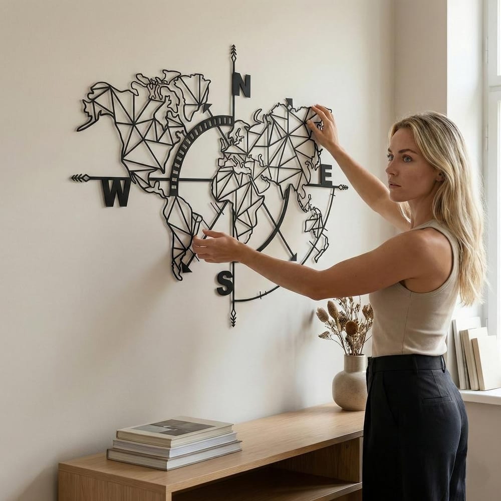 Geometric World Map Metal Wall Decor for Home and Outside - Wall-Mounted Geometric Wall Art Decor