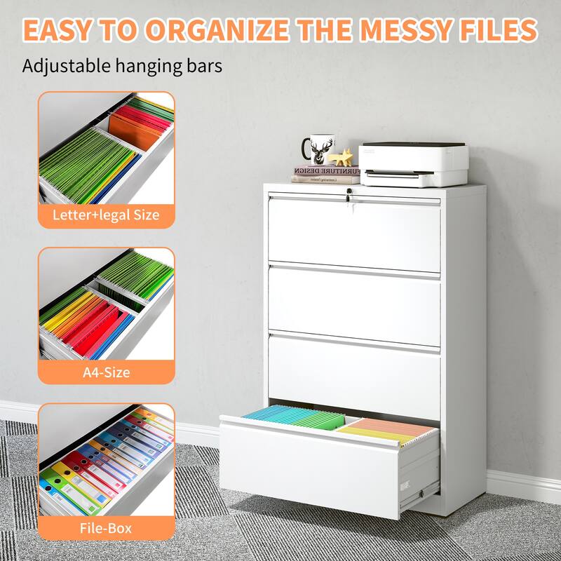 Lateral File Cabinet 4 Drawer, Filing Cabinet with Lock, Lockable File Cabinet for Home Office, Locking Metal File Cabinet