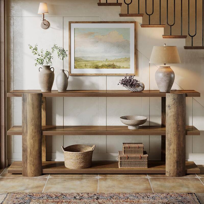 70.87" Wooden 3-Tier Long Console Table for Living Room, Hallway Foyer, Entryway. Farmhouse Sofa Table Behind Couch