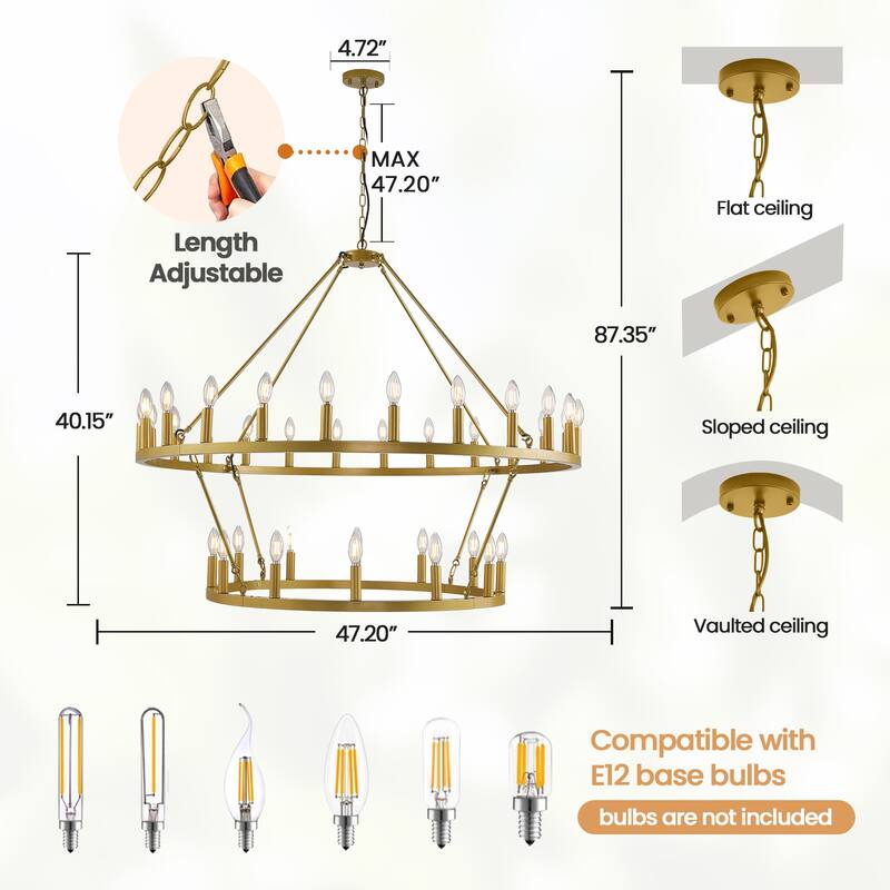 47.2'' 36-Lights Candle Dimmable Two Tiers Wagon Wheel Chandelier Ceiling Pendant Light