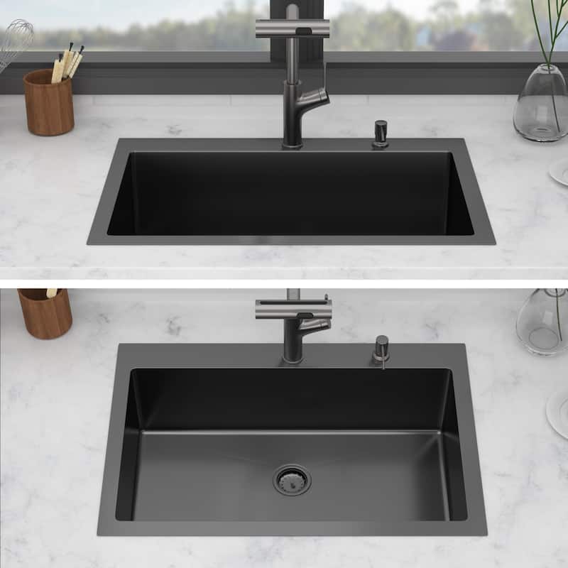 33" Drop-in Gunmetal Black Kitchen Sink Soap Dispenser 33x22x10 inch Single Bowl 16 Gauge Stainless Steel
