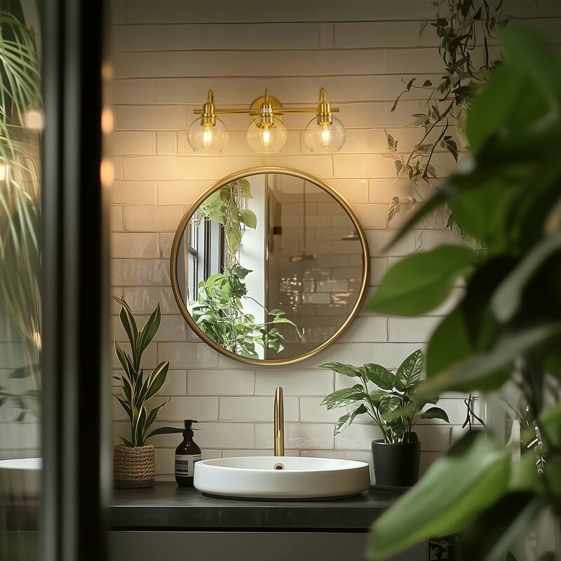 YANSUN Fishing Rod Vanity Light, Large Transparent Round Shade, E26, Copper Finish for Elegant Bathroom Lighting