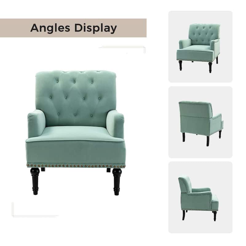 Geltrude Transitional Upholstered Button Tufted Club Chair with turned wooden Legs by HULALA HOME