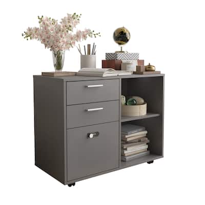 Drawer Style Wooden Filing Cabinet with Combination Lock Mobile Side Pulley, Home Office Printer Stand Open Storage Rack