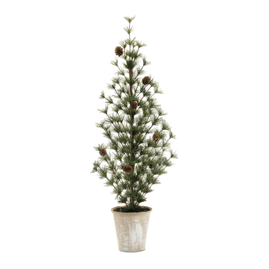 HomeRoots Set of Two 32" Mini Artificial Pine Trees With Pinecones In Rustic Brown Pots - 13.50 in. x 31.50 in. x 13.50 in.