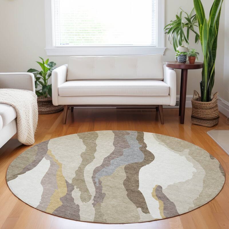 Machine Washable Indoor/ Outdoor Abstract Contemporary Chantille Rug - Beige - 8' x 8'