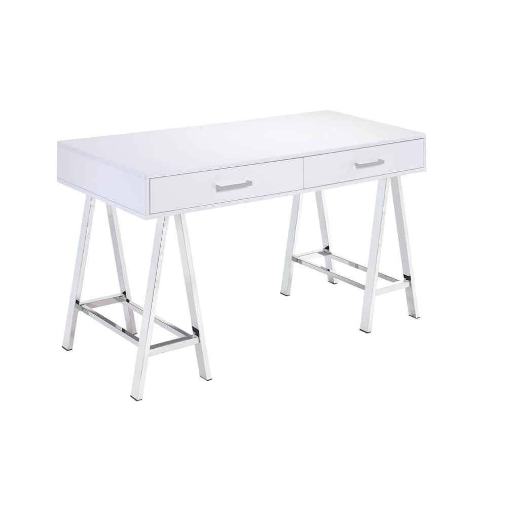 Writing Desk with USB Port - Modern Computer Study Table, White Gloss & Chrome Finish