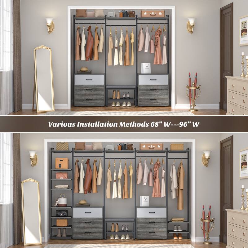 96'' Closet Organizer System with 6 Drawers, Clothing Rack Wardrobe Closet Garment Rack for Walk In Closets