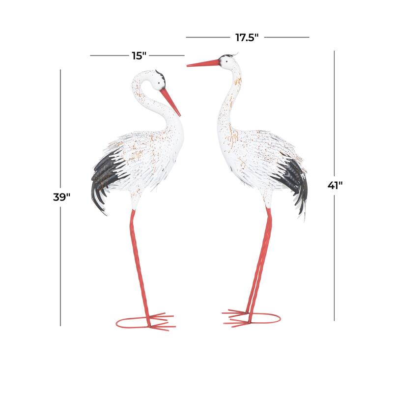 White Metal Tall Crane Decorative Garden Sculpture with Brown Speckled Texture and Red Accents (Set of 2)