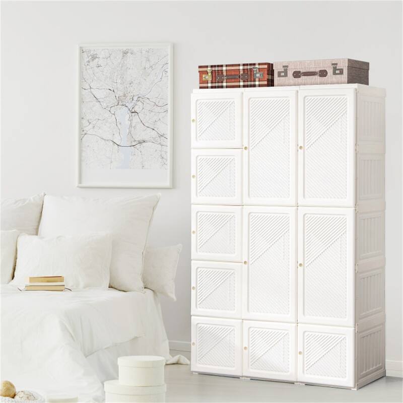 White PP and ABS Foldable Portable Closet with 10 Cubbies, Rods and Magnet Doors - 40.9" x 19.7" x 66.9" (L x W x H)
