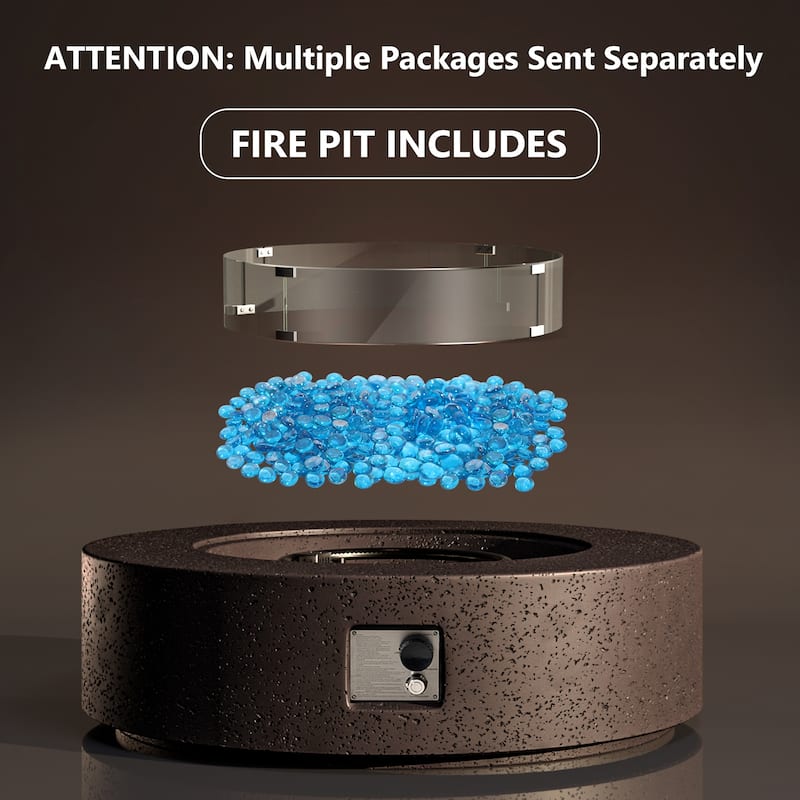 SUNBURY 42''Round Propane Fire Pit w Wind Guard and Fire Glass