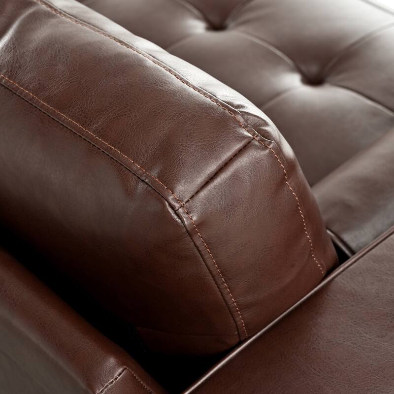 Mid-Century Modern 3-Seat Sofa, Tufted Design, Solid Wood Legs, 2 Bolster Pillows, Dark Brown PU Leather