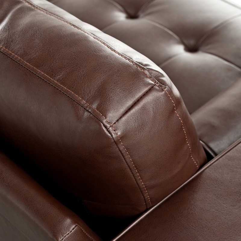 Mirod Mid-Century Modern PU Leather 3-Seat Sofa, Tufted Design, Solid Wood Legs, 2 Bolster Pillows