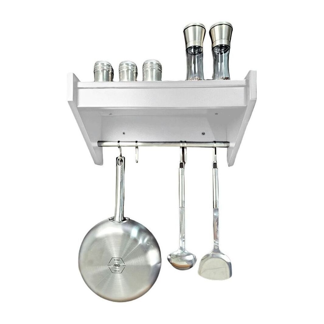 POW Furniture Reilly Modern Kitchen Wall Shelf with Steel Hanging Rack &  Hooks