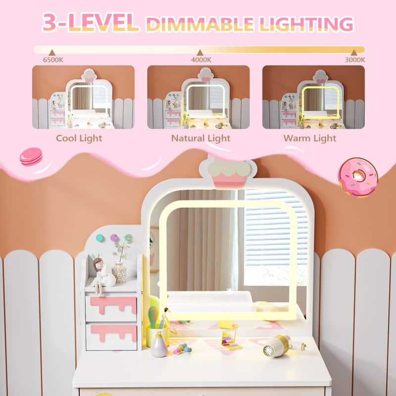 Kids Makeup Desk Vanity Table Set With Cloud-Like Lights And Drawer For Little Girls Ages 3-8 - N/A