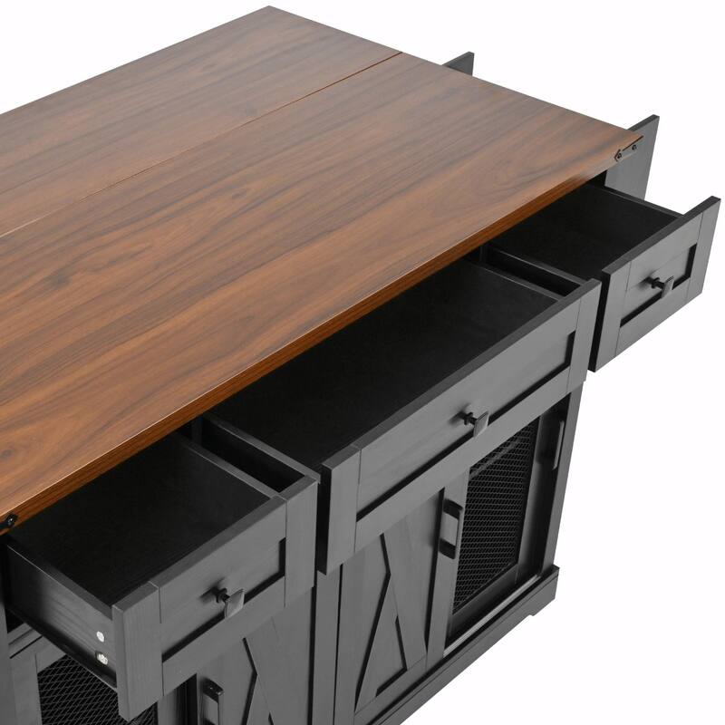 58-inch Farmhouse Kitchen Island with Storage, Sliding Barn Door & Metal Grid Side Door