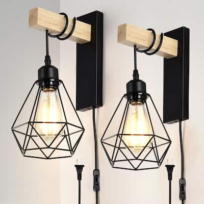 Plug-in Wall Sconces Farmhouse Wood Wall Light Fixtures Set of 2