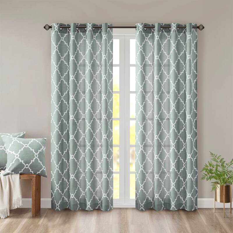 Madison Park Westmont Fretwork Print Grommet Top Window Single Curtain Panel - 50"W x 63"L - Seafoam/White