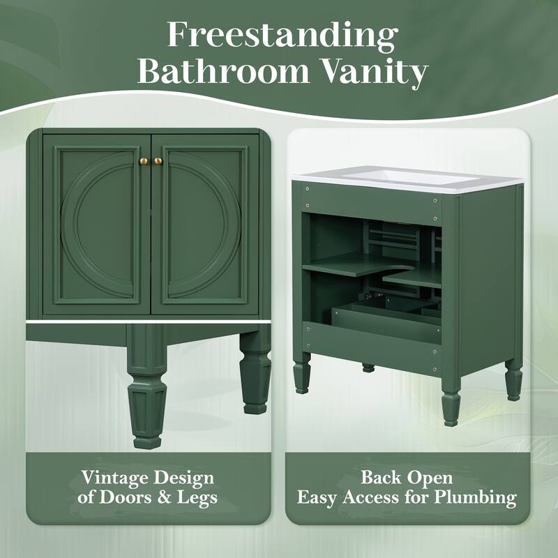 30" Bathroom Vanity With Sink, Two Doors With Shelf, Soft Close Door Hinges, Vintage Style