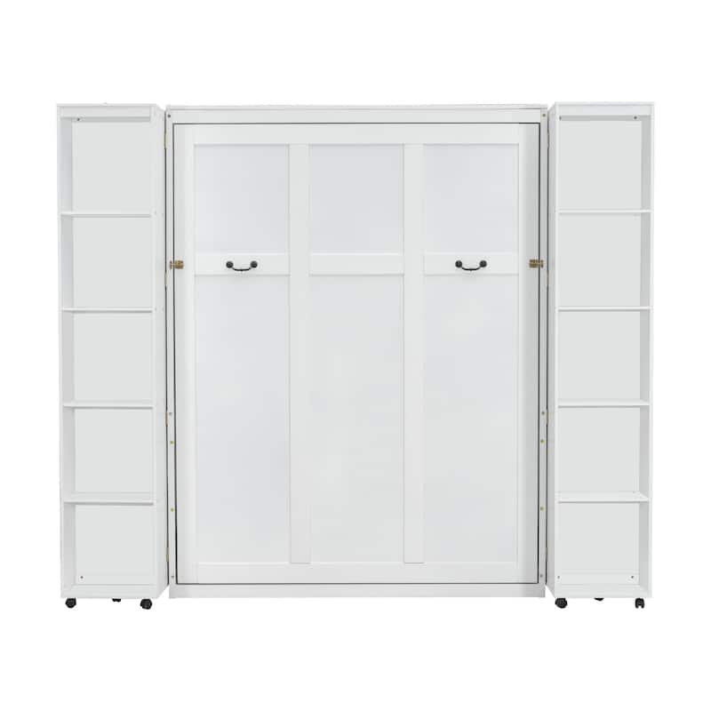 Queen Size Murphy Bed with Cabinets, Storage Wall Bed with Movable Bookcase, Wood Folding Bed Frame