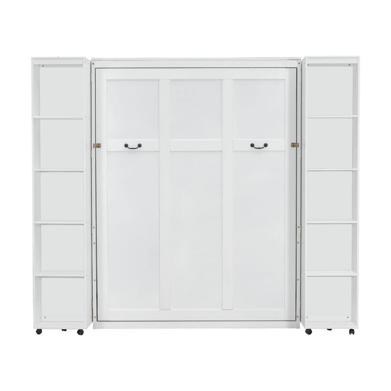 White Queen Murphy Bed with Storage Doors, Space-Saving Wall Bed