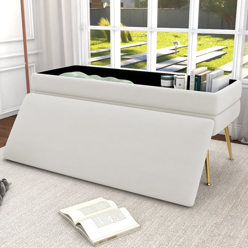 Modern Velvet Storage Ottoman Bench with Metal Legs