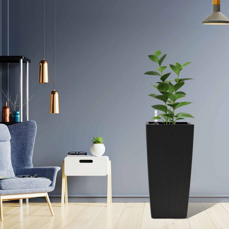 Square Planter for Indoor or Outdoor Use, 22-Inch High Faux Rattan Design Flower Pot with Automatic Watering System(Pack of 2)