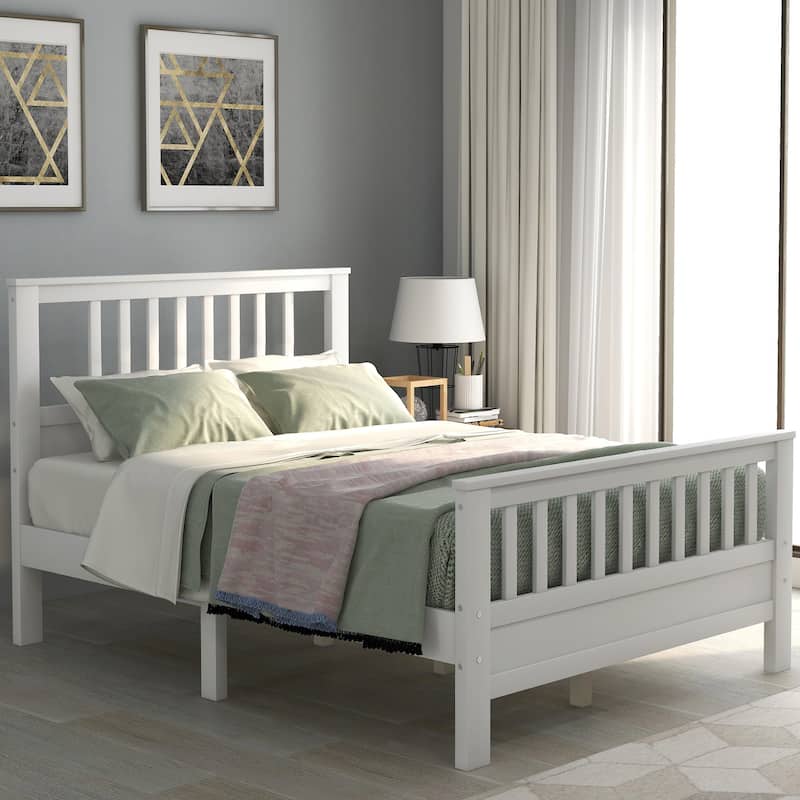Full Size Wood Platform Bed with Headboard and Footboard in White - White
