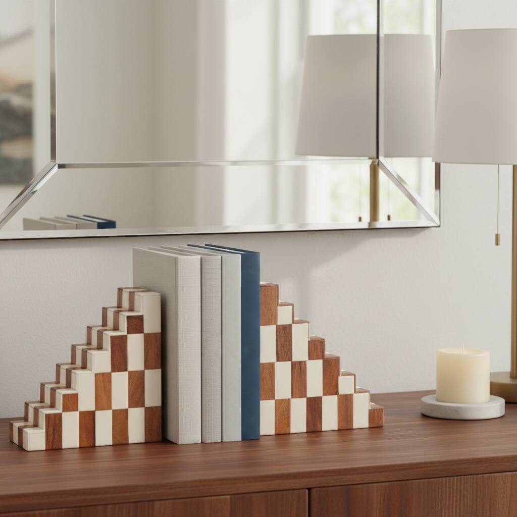 Resin Geometric Checkered Step Bookends - Set of 2, 6", Tan & Ivory - 6.0"