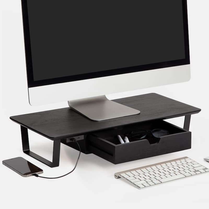Jani Wood Monitor Stand Riser Desk - Ergonomic Design Stand, Desktop Organizer Table for Home, Office Workspace, Gaming Desk - Black