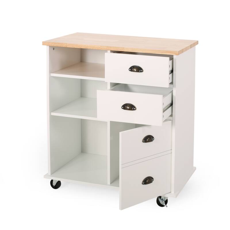 Fixed Wheel Rolling Modern Kitchen Utility Cart with 2 Drawers, 1 Cabinet, 3 Shelves and Rubberwood Top, Gray