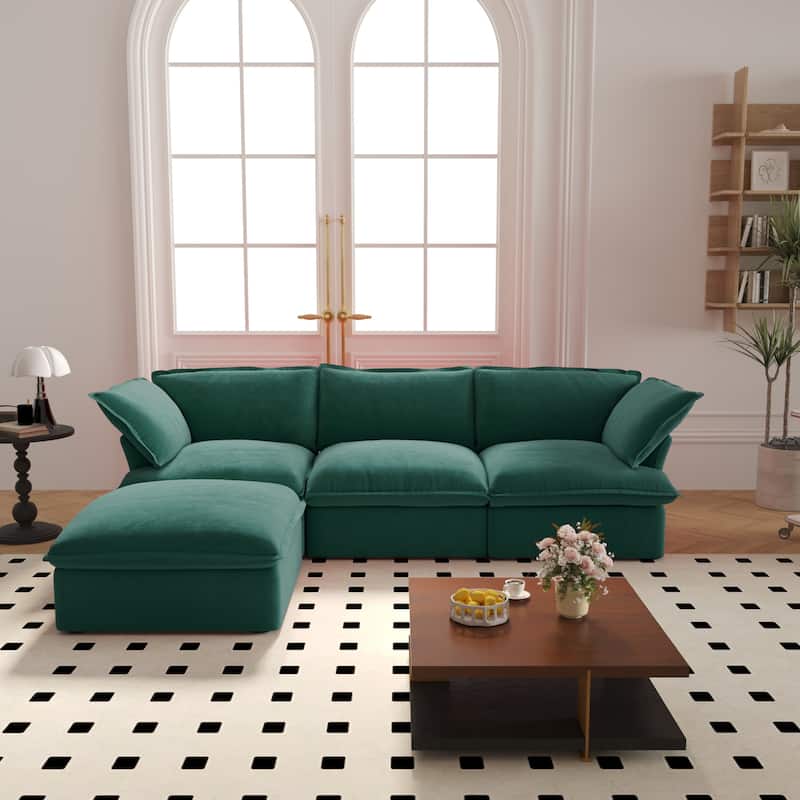 Cloud Sectional Sofa Down Feather Modular Couch L-shaped Velvet Wide Deep Seat Convertible Sofa. - Green