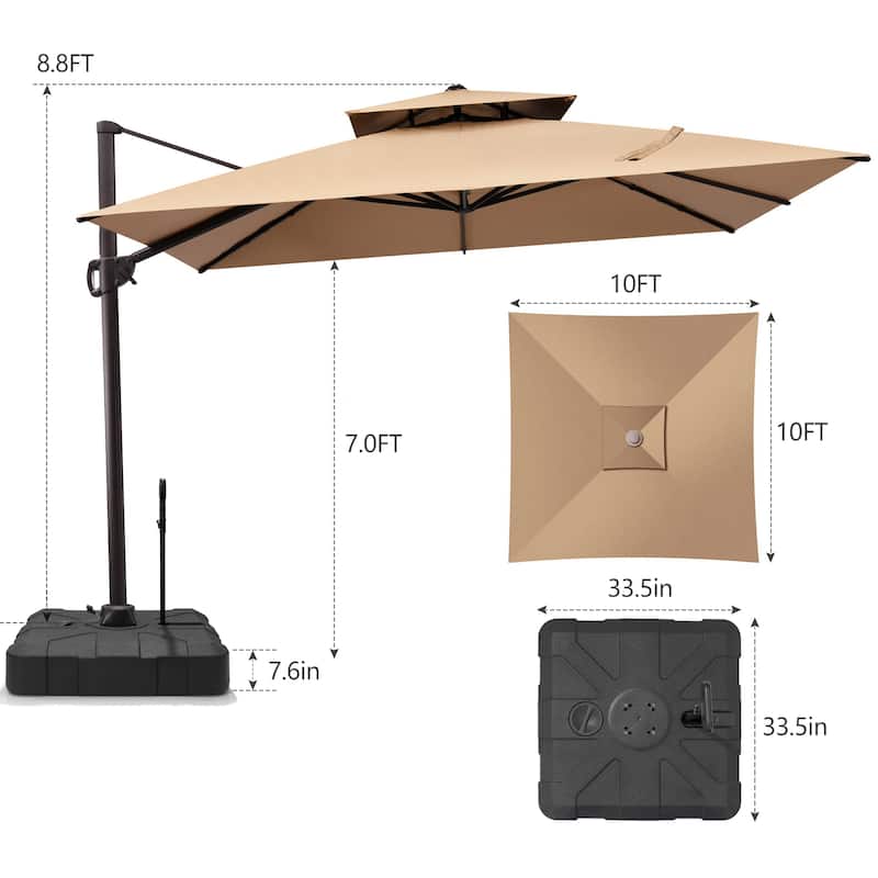 Outdoor 10 x 10ft Square Double Top Patio Cantilever Umbrella with Base
