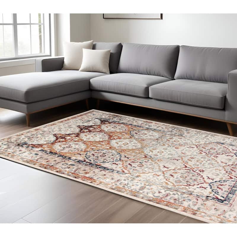 Qidi Power Loomed Floral Stain Resistant Area Rug By HomeRoots - 117' X '93' X '0.38 - Beige Rust and Blue